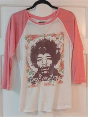 Jimi Hendrix Pink Raglan Long Sleeve Graphic Tee - Vintage Portrait